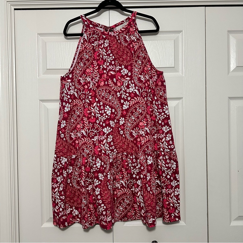 Ann Taylor LOFT Paisley Flounce Mini Halter Dress in Bright Wine Size‎ XL NWT